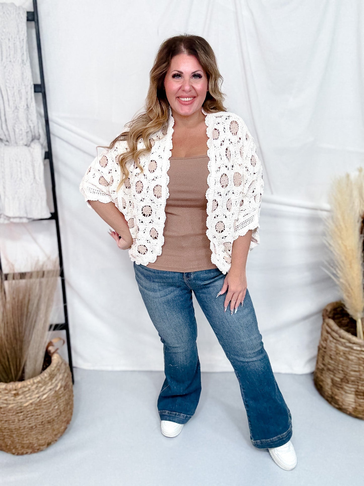 Cream & Latte Long Sleeve Open Knit Cardigan - Whiskey Skies - POL CLOTHING INC.