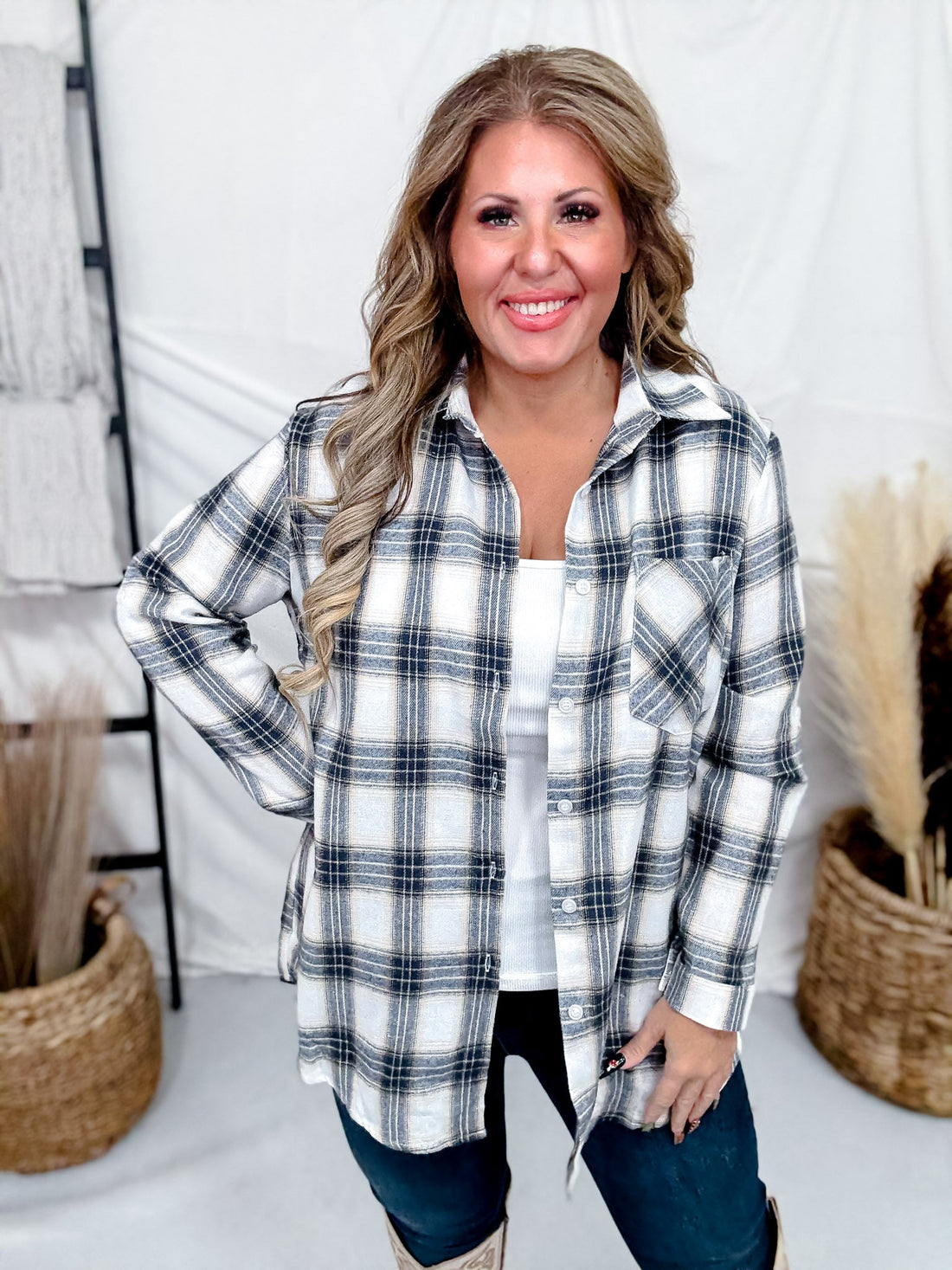 Cream & Olive Green Plaid Button Down Flannel Top - Whiskey Skies - SWEET GENERIS