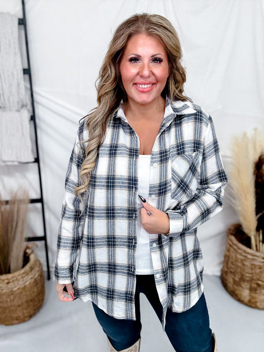 Cream & Olive Green Plaid Button Down Flannel Top - Whiskey Skies - SWEET GENERIS