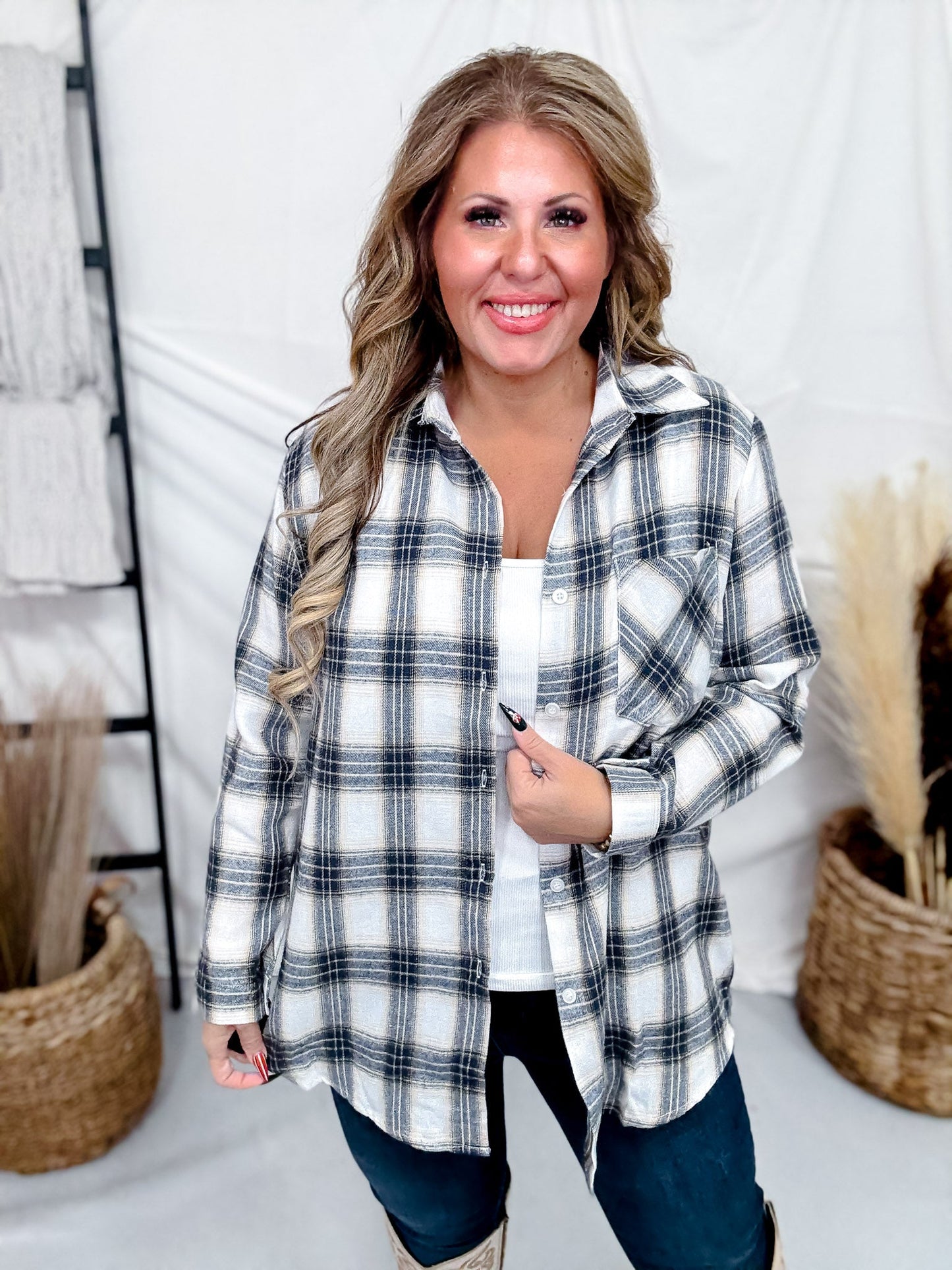 Cream & Olive Green Plaid Button Down Flannel Top - Whiskey Skies - SWEET GENERIS