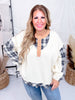 Cream Plaid Mix Washed Cotton Jersey Henley Long Sleeve Top - Whiskey Skies - EASEL