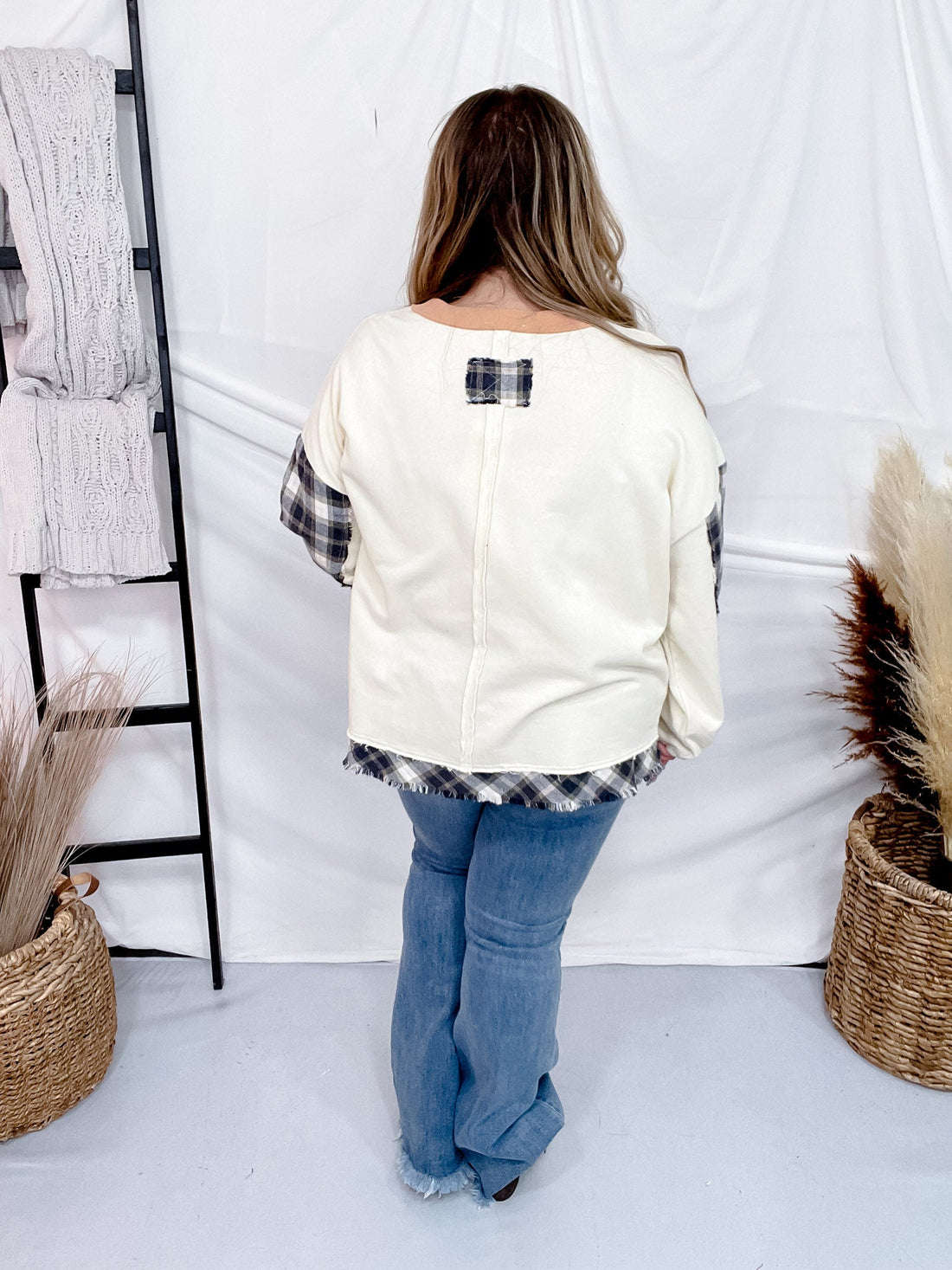 Cream Plaid Mix Washed Cotton Jersey Henley Long Sleeve Top - Whiskey Skies - EASEL