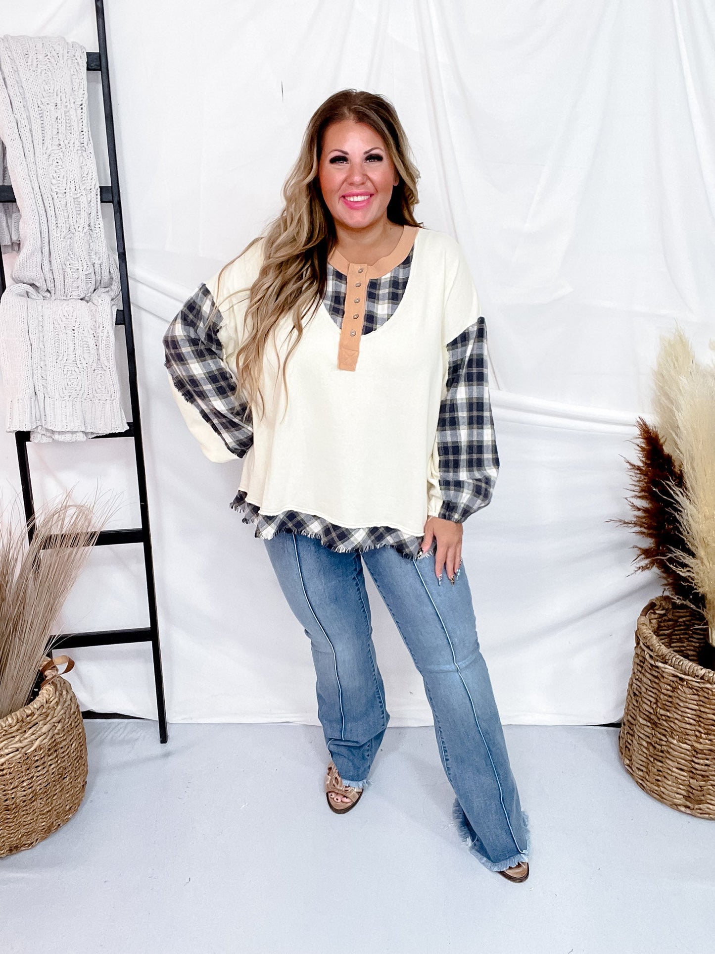 Cream Plaid Mix Washed Cotton Jersey Henley Long Sleeve Top - Whiskey Skies - EASEL