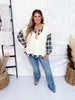 Cream Plaid Mix Washed Cotton Jersey Henley Long Sleeve Top - Whiskey Skies - EASEL