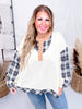 Cream Plaid Mix Washed Cotton Jersey Henley Long Sleeve Top - Whiskey Skies - EASEL