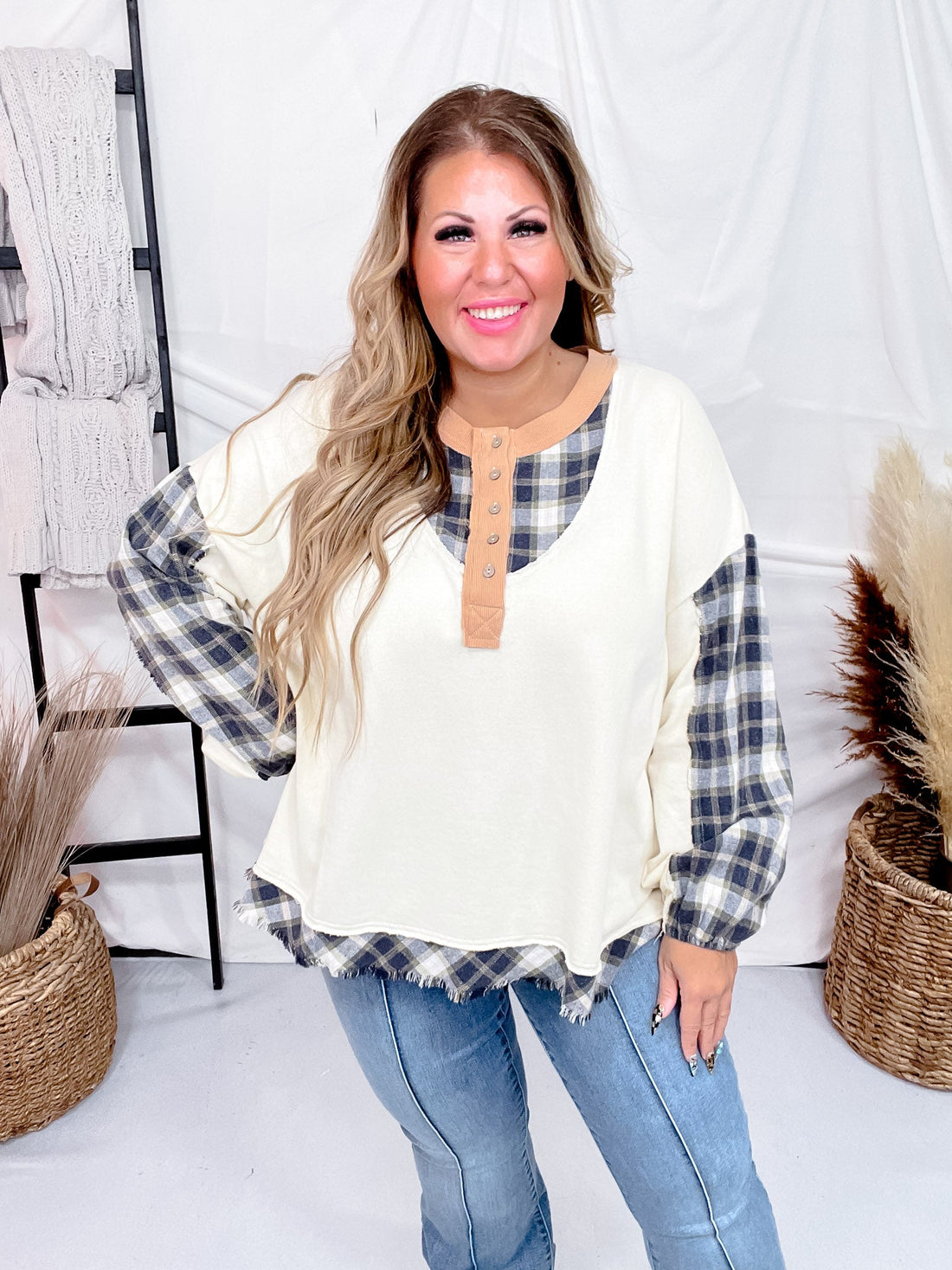 Cream Plaid Mix Washed Cotton Jersey Henley Long Sleeve Top - Whiskey Skies - EASEL