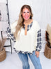 Cream Plaid Mix Washed Cotton Jersey Henley Long Sleeve Top - Whiskey Skies - EASEL