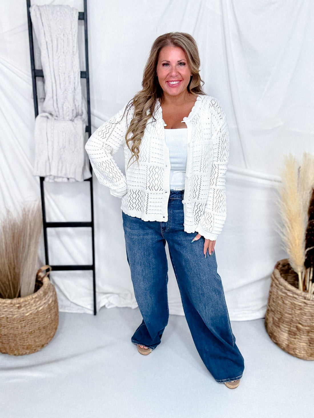 Cream Quilt Knit Cardigan With Scalloped Edges - Whiskey Skies - COZY CO