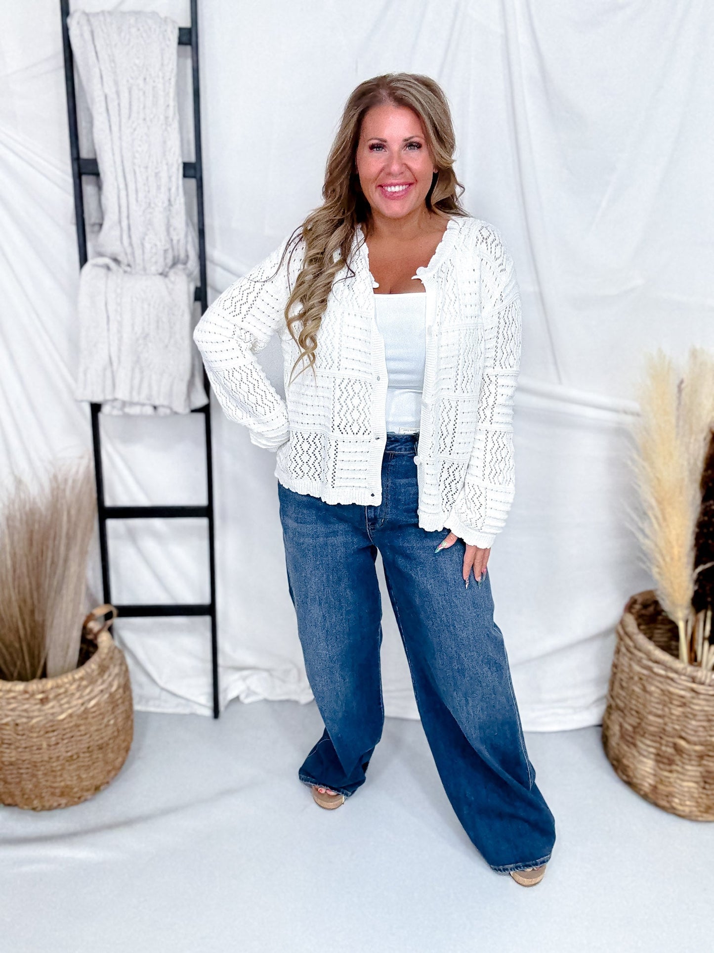 Cream Quilt Knit Cardigan With Scalloped Edges - Whiskey Skies - COZY CO