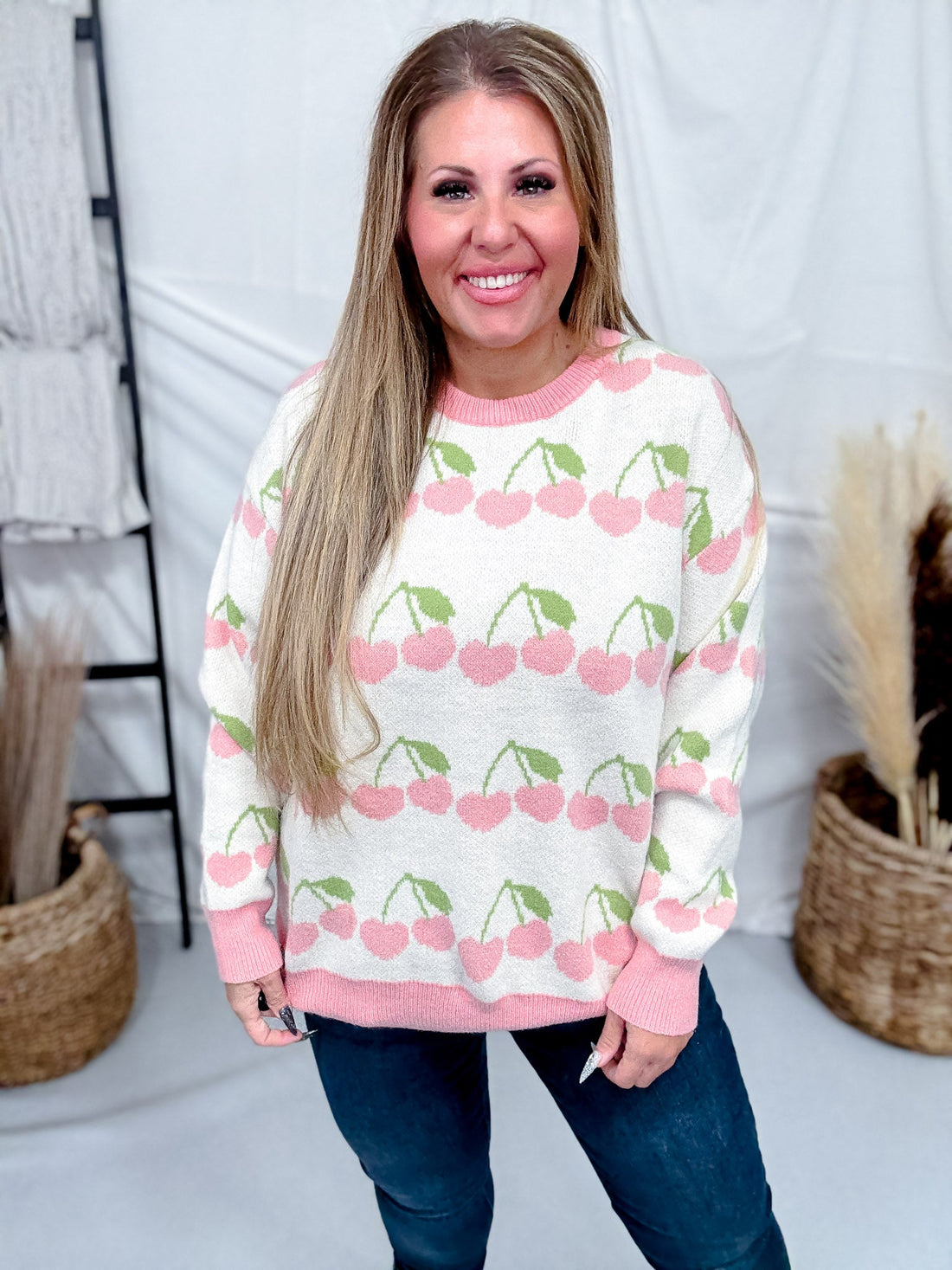 Cream Sweater With Heart Shaped Cherry Print - Whiskey Skies - BIBI