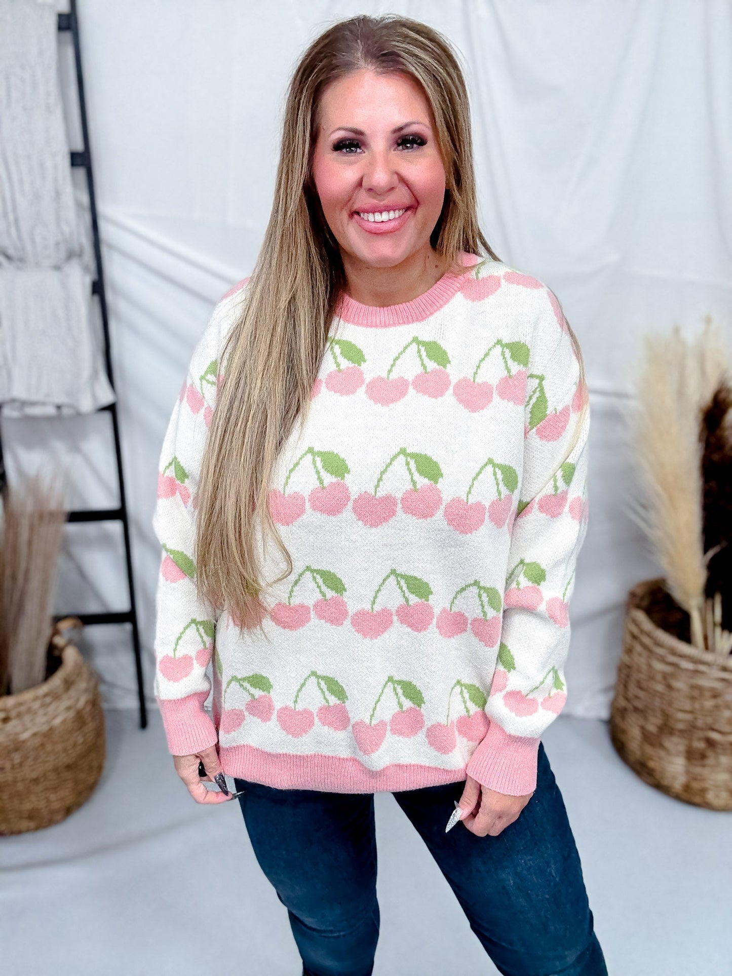 Cream Sweater With Heart Shaped Cherry Print - Whiskey Skies - BIBI