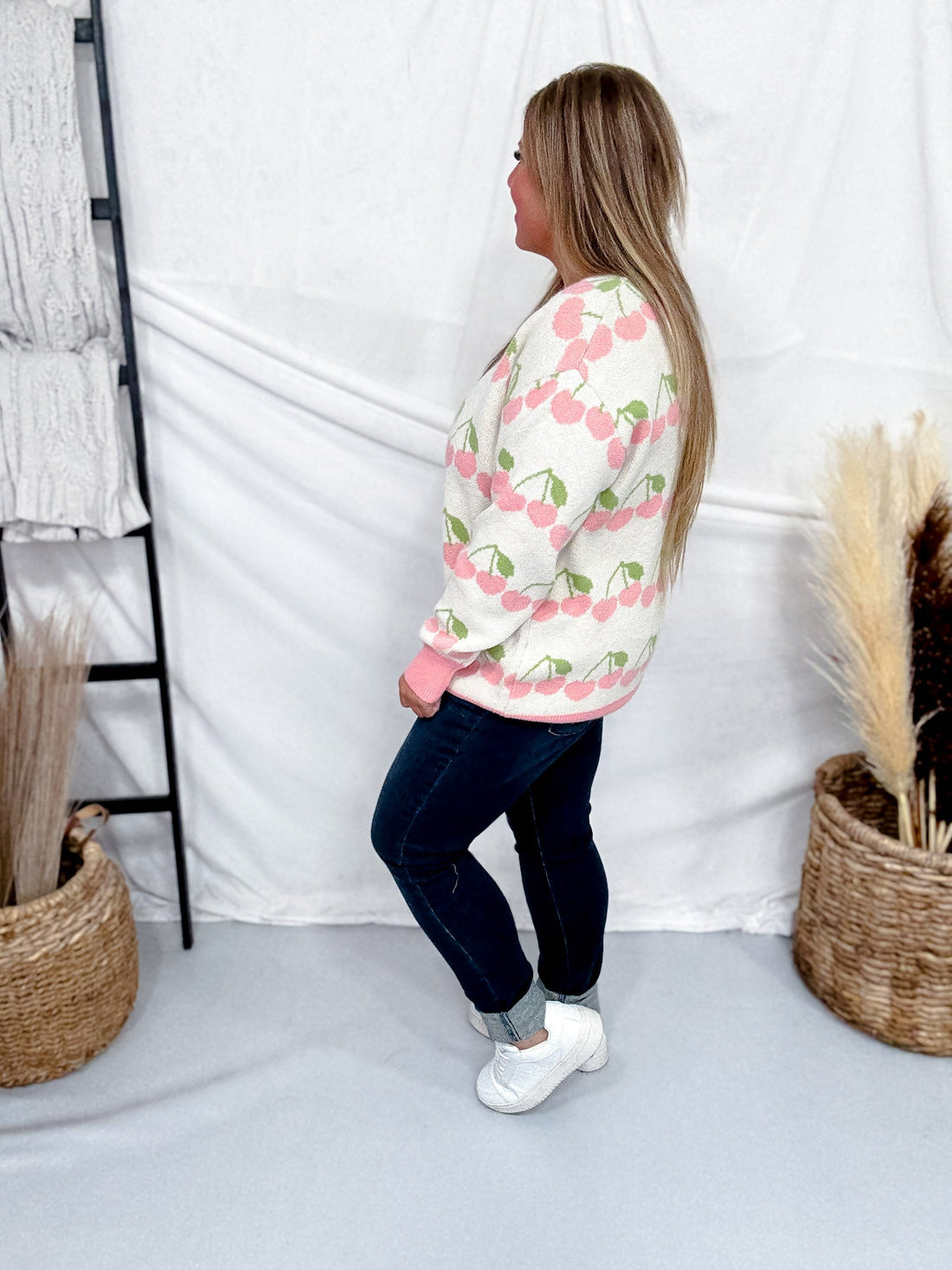 Cream Sweater With Heart Shaped Cherry Print - Whiskey Skies - BIBI