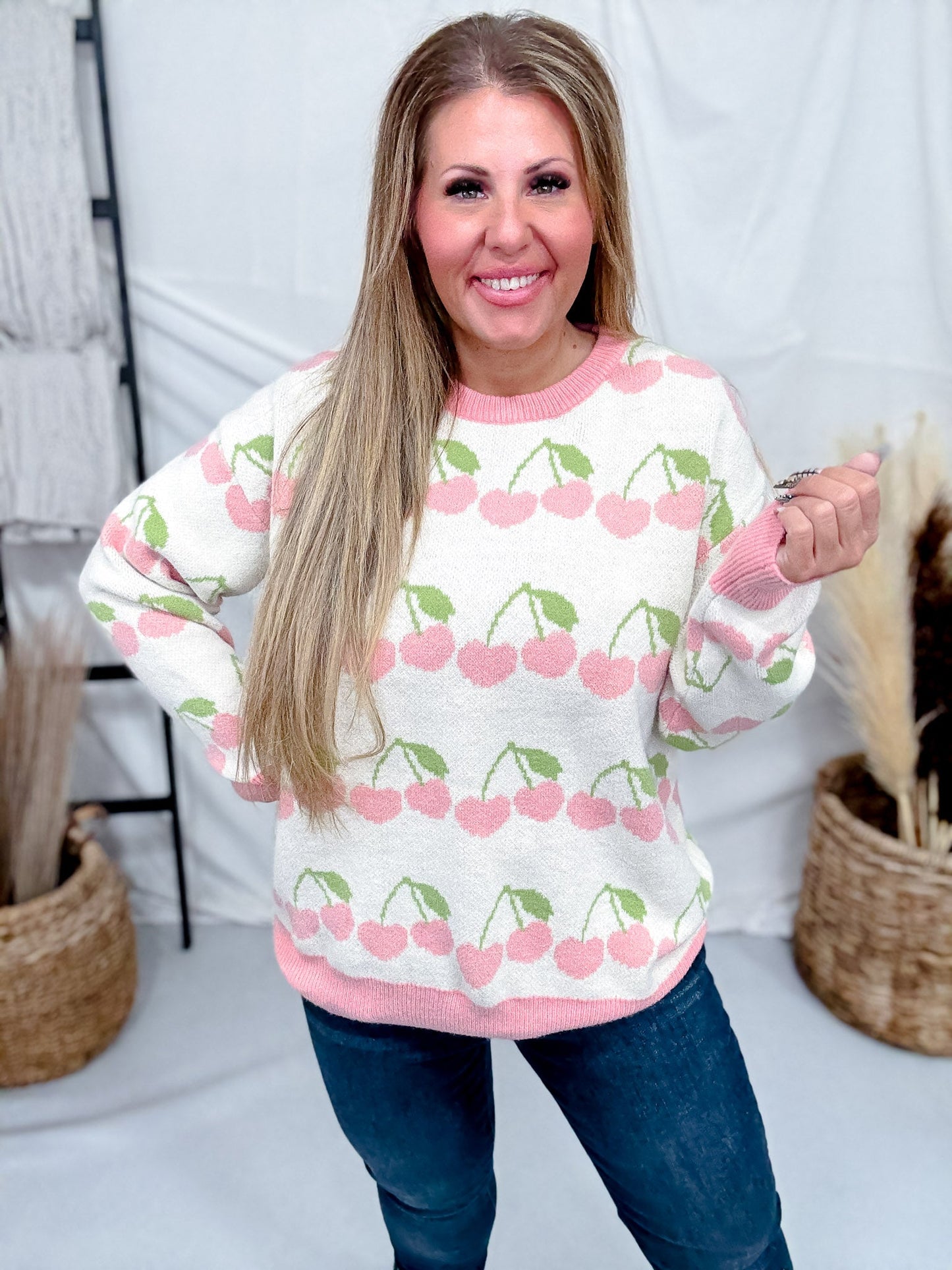 Cream Sweater With Heart Shaped Cherry Print - Whiskey Skies - BIBI