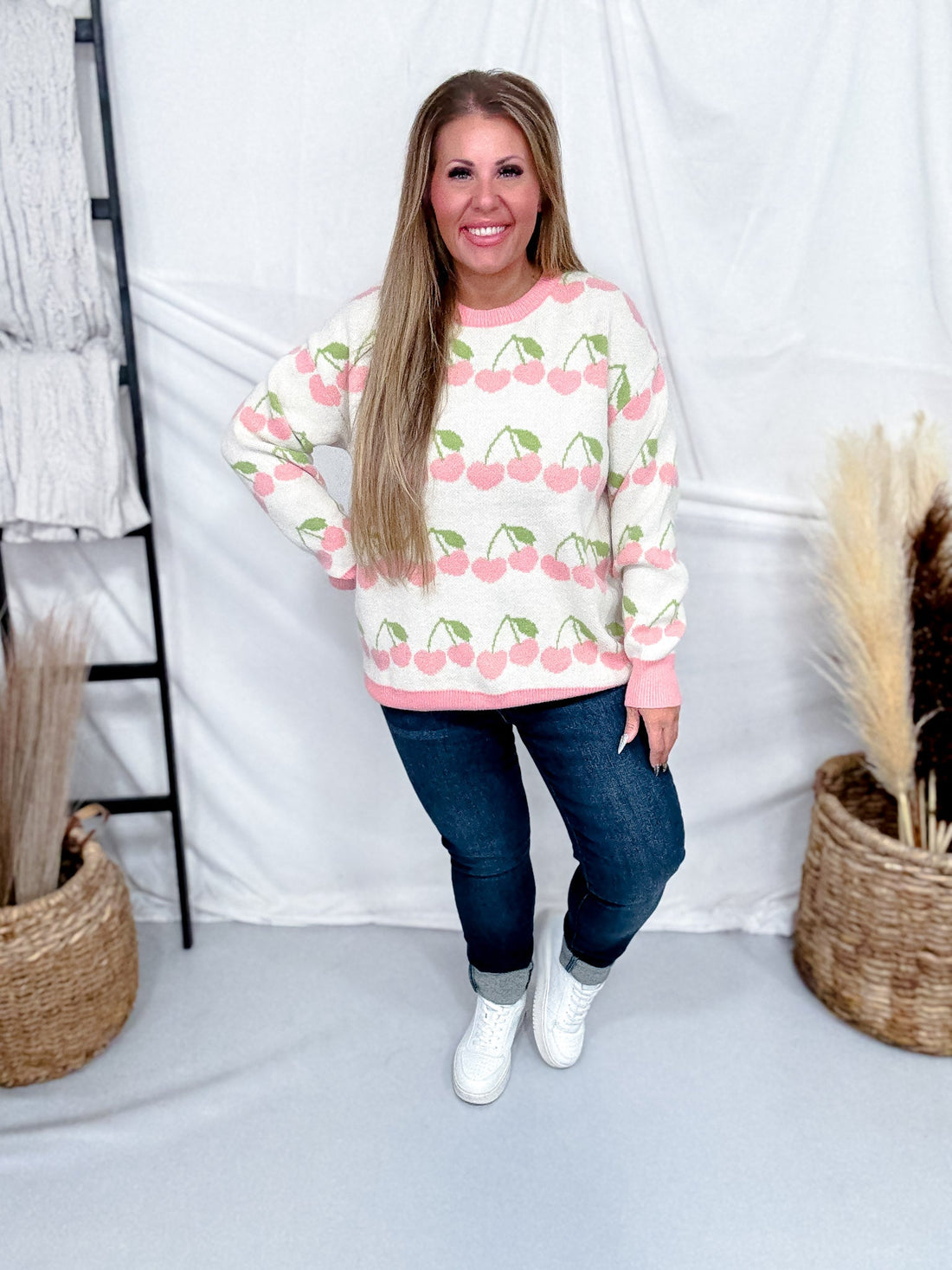 Cream Sweater With Heart Shaped Cherry Print - Whiskey Skies - BIBI