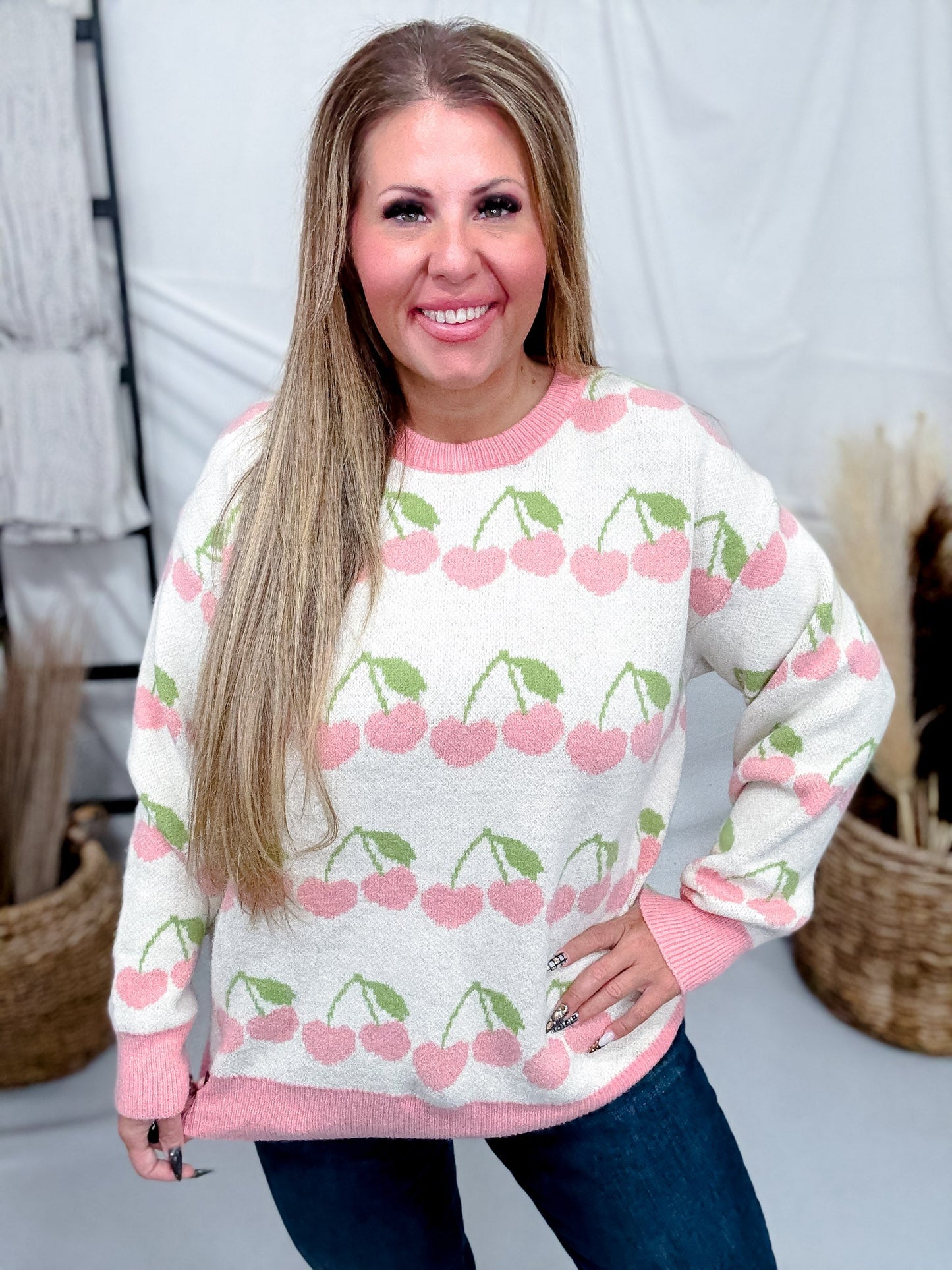 Cream Sweater With Heart Shaped Cherry Print - Whiskey Skies - BIBI