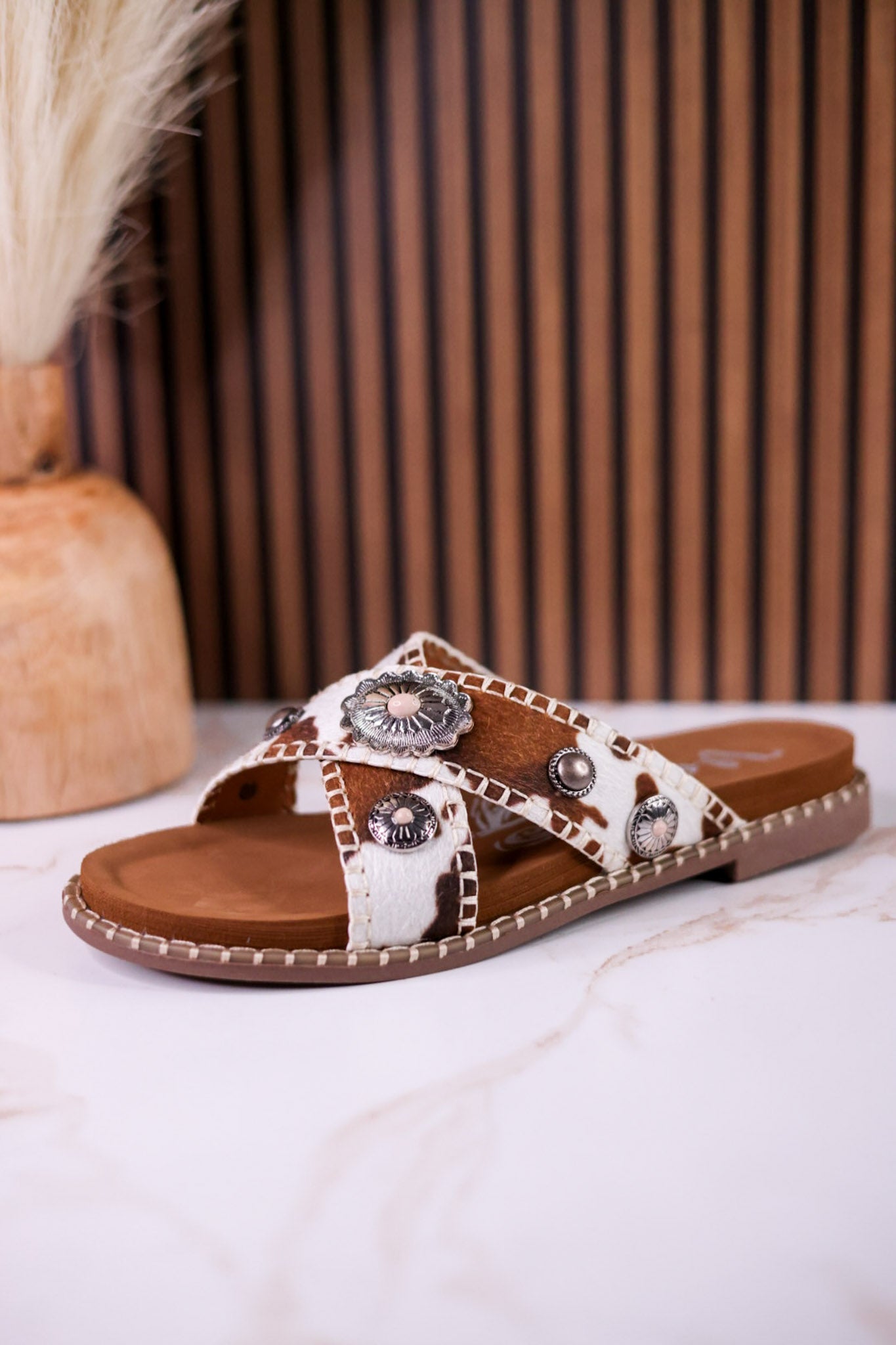 Cream & Tan "Betsy" Faux Hairon Sandals With Concho Accents - Whiskey Skies - VERY G