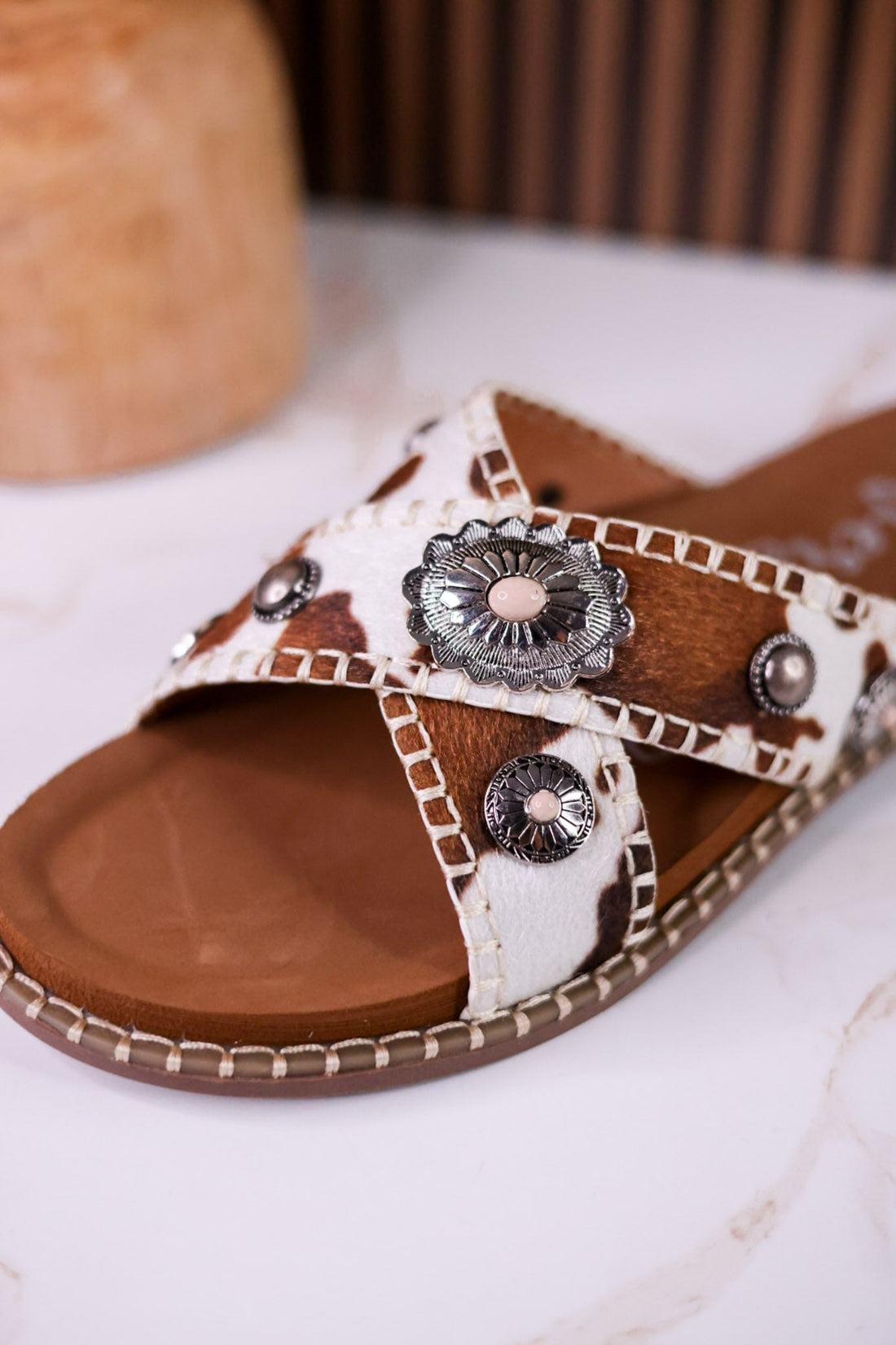 Cream & Tan "Betsy" Faux Hairon Sandals With Concho Accents - Whiskey Skies - VERY G