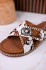 Cream & Tan "Betsy" Faux Hairon Sandals With Concho Accents - Whiskey Skies - VERY G