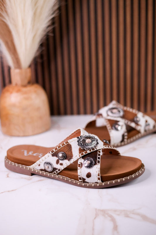Cream & Tan "Betsy" Faux Hairon Sandals With Concho Accents - Whiskey Skies - VERY G