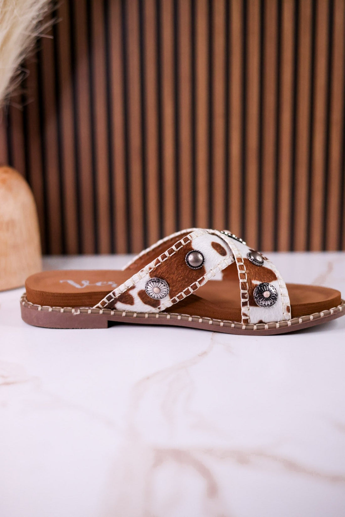 Cream & Tan "Betsy" Faux Hairon Sandals With Concho Accents - Whiskey Skies - VERY G
