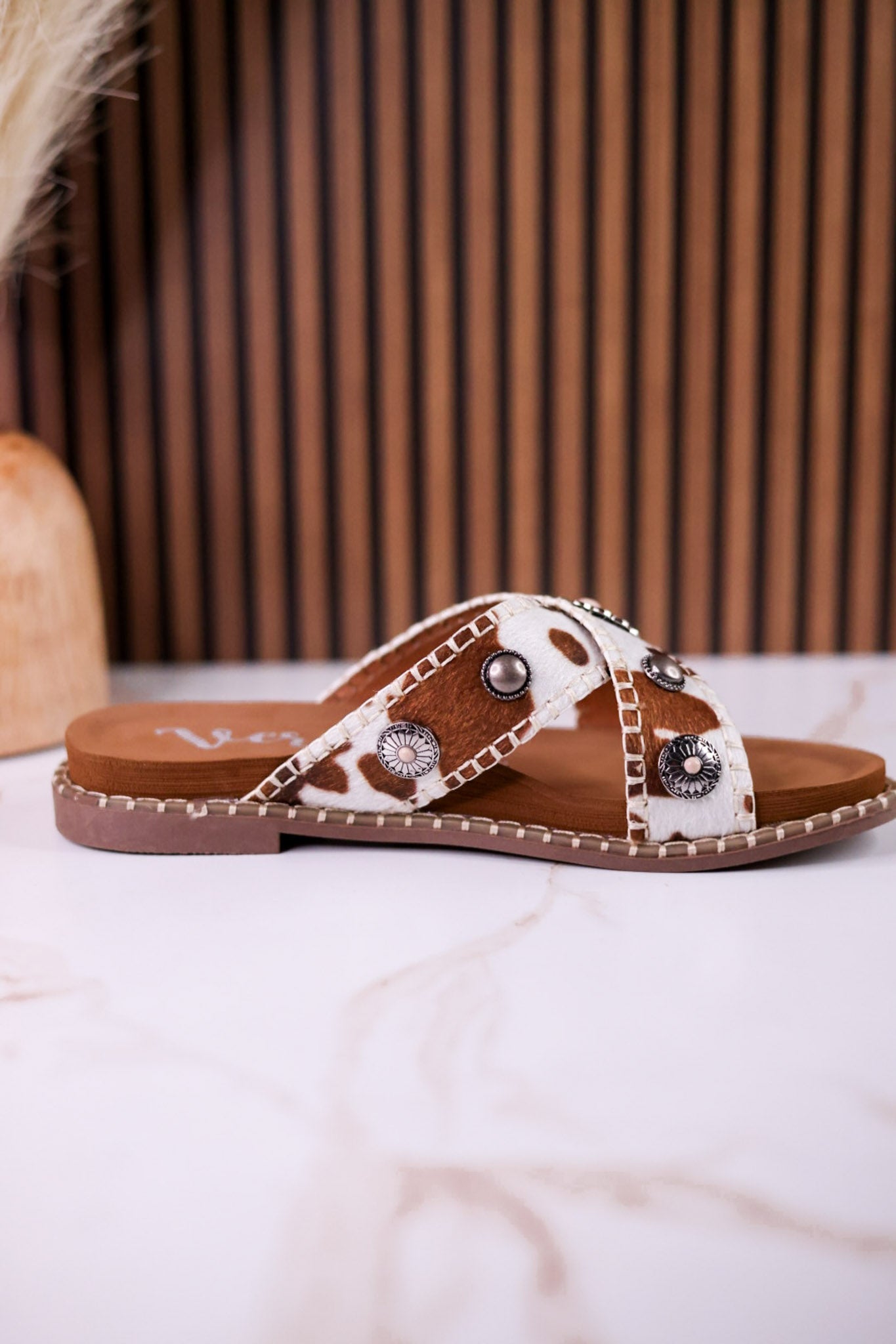 Cream & Tan "Betsy" Faux Hairon Sandals With Concho Accents - Whiskey Skies - VERY G