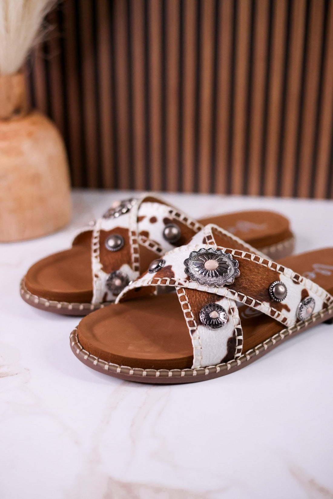 Cream & Tan "Betsy" Faux Hairon Sandals With Concho Accents - Whiskey Skies - VERY G