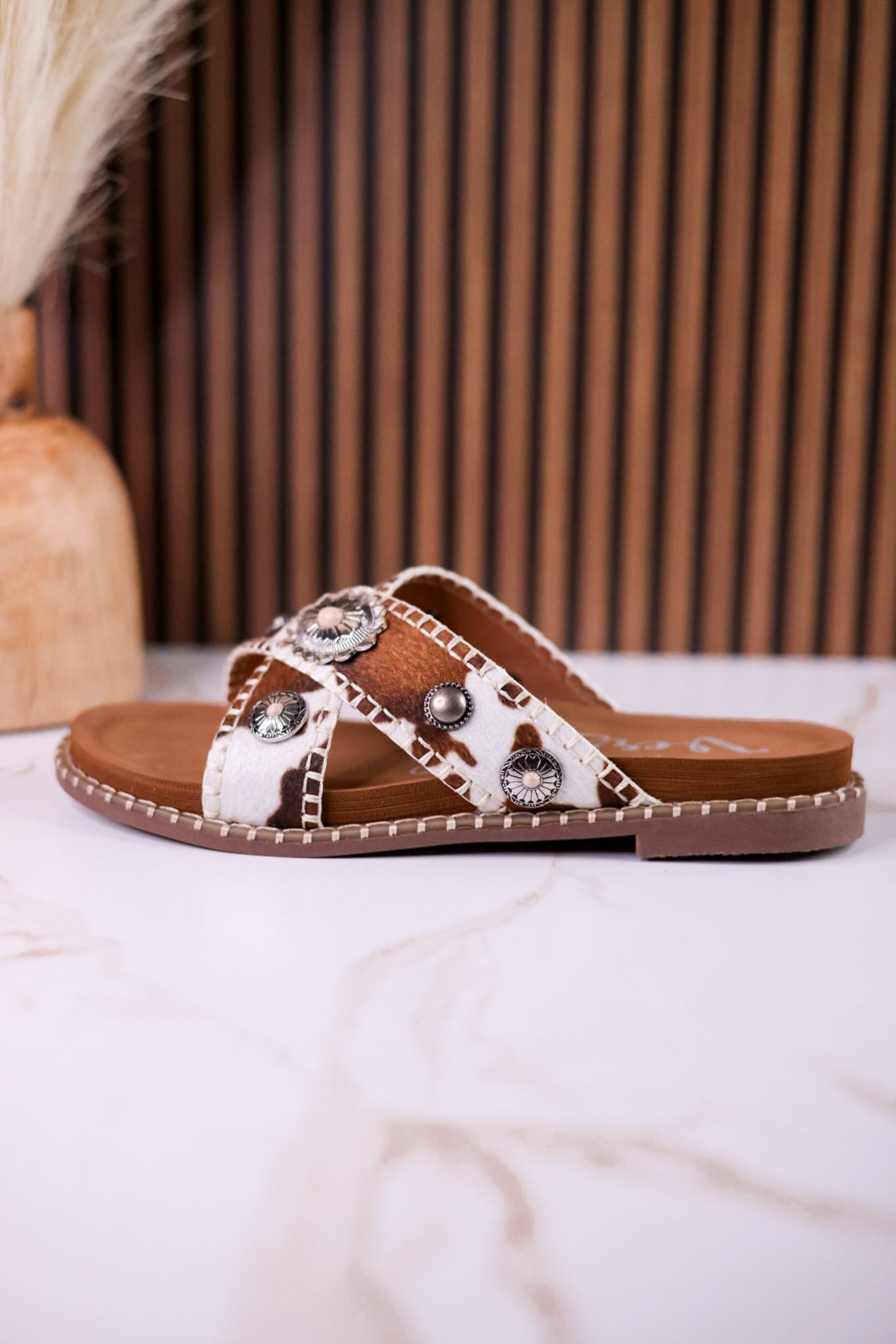 Cream & Tan "Betsy" Faux Hairon Sandals With Concho Accents - Whiskey Skies - VERY G