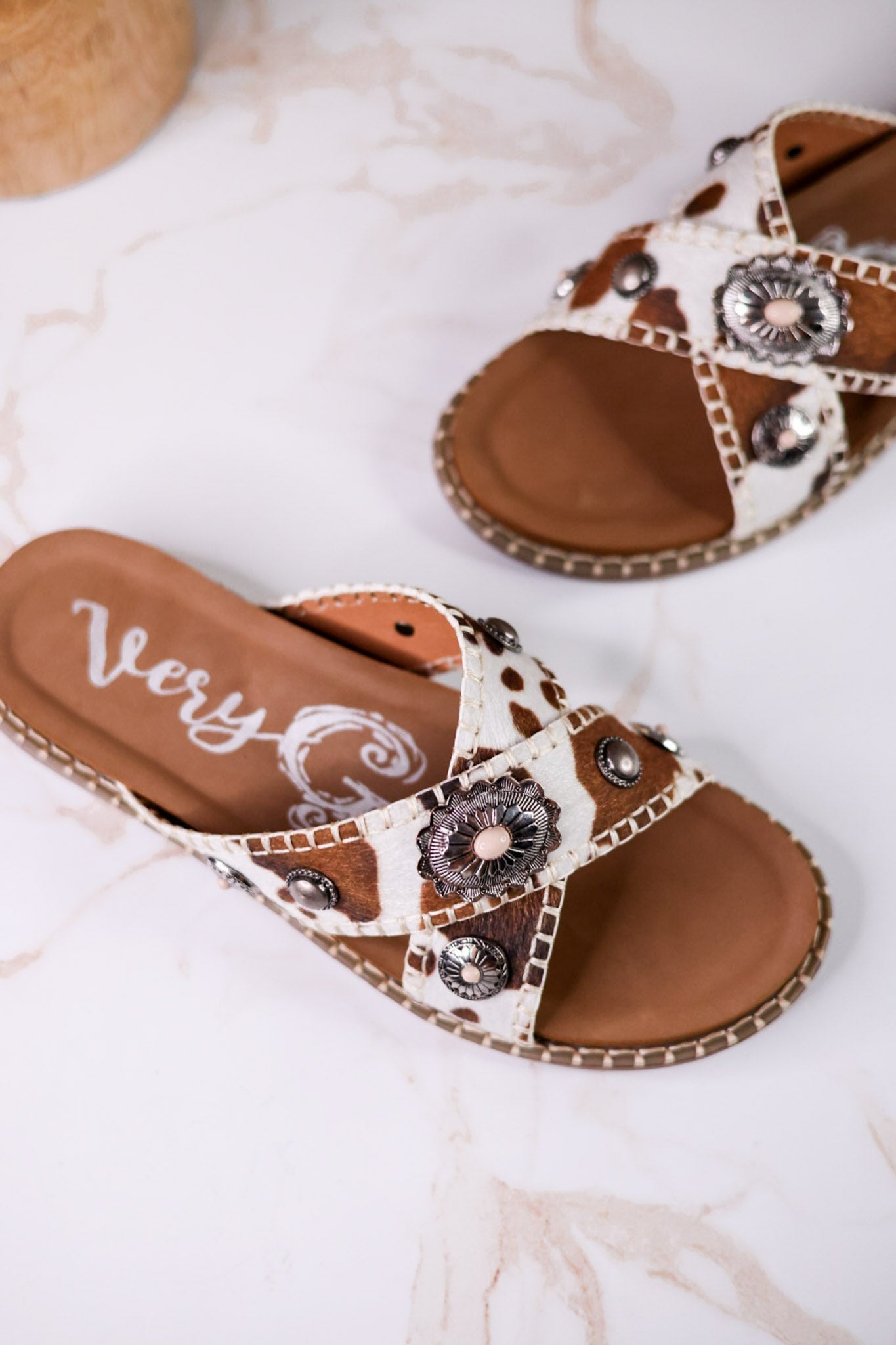 Cream & Tan "Betsy" Faux Hairon Sandals With Concho Accents - Whiskey Skies - VERY G