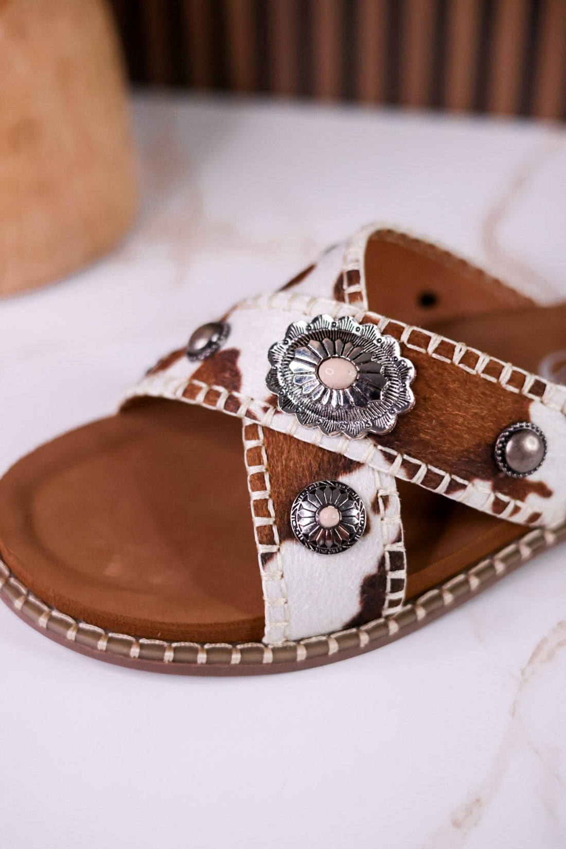 Cream & Tan "Betsy" Faux Hairon Sandals With Concho Accents - Whiskey Skies - VERY G