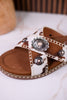 Cream & Tan "Betsy" Faux Hairon Sandals With Concho Accents - Whiskey Skies - VERY G