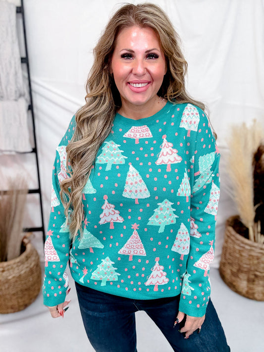 Crew Neck Christmas Tree Print Sweater In Emerald Green - Whiskey Skies - DEAR SCARLETT