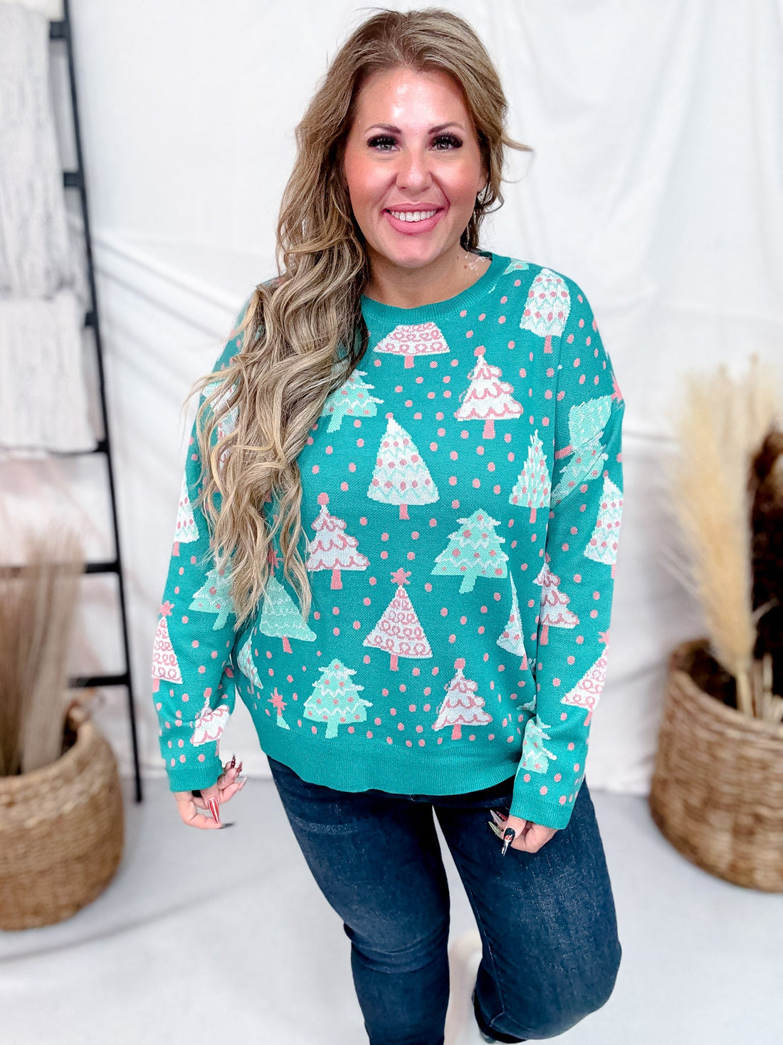 Crew Neck Christmas Tree Print Sweater In Emerald Green - Whiskey Skies - DEAR SCARLETT