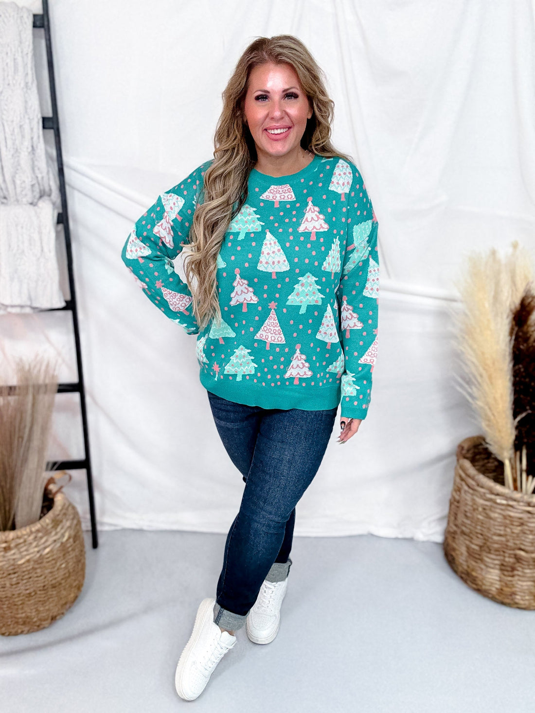 Crew Neck Christmas Tree Print Sweater In Emerald Green - Whiskey Skies - DEAR SCARLETT
