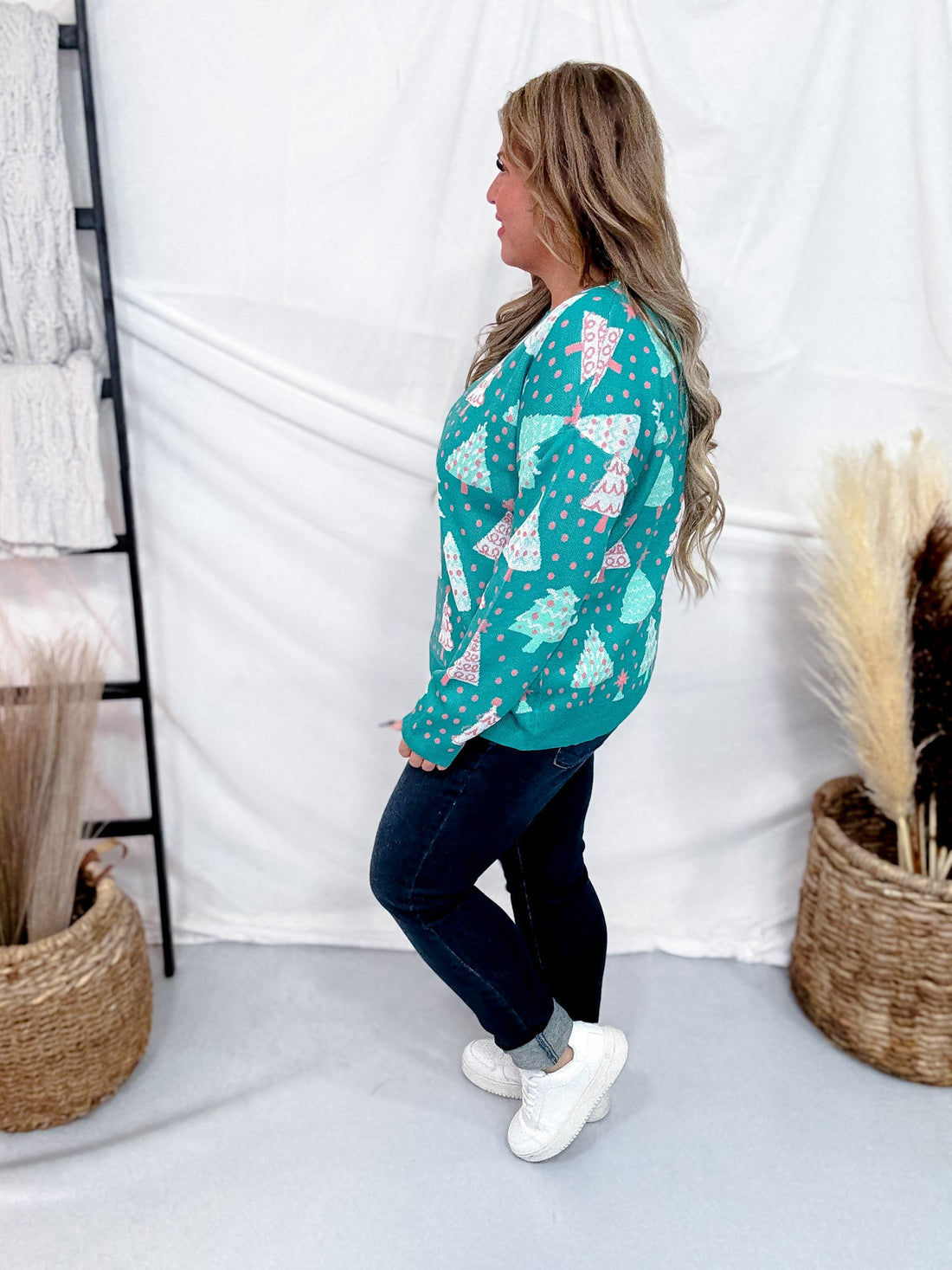 Crew Neck Christmas Tree Print Sweater In Emerald Green - Whiskey Skies - DEAR SCARLETT