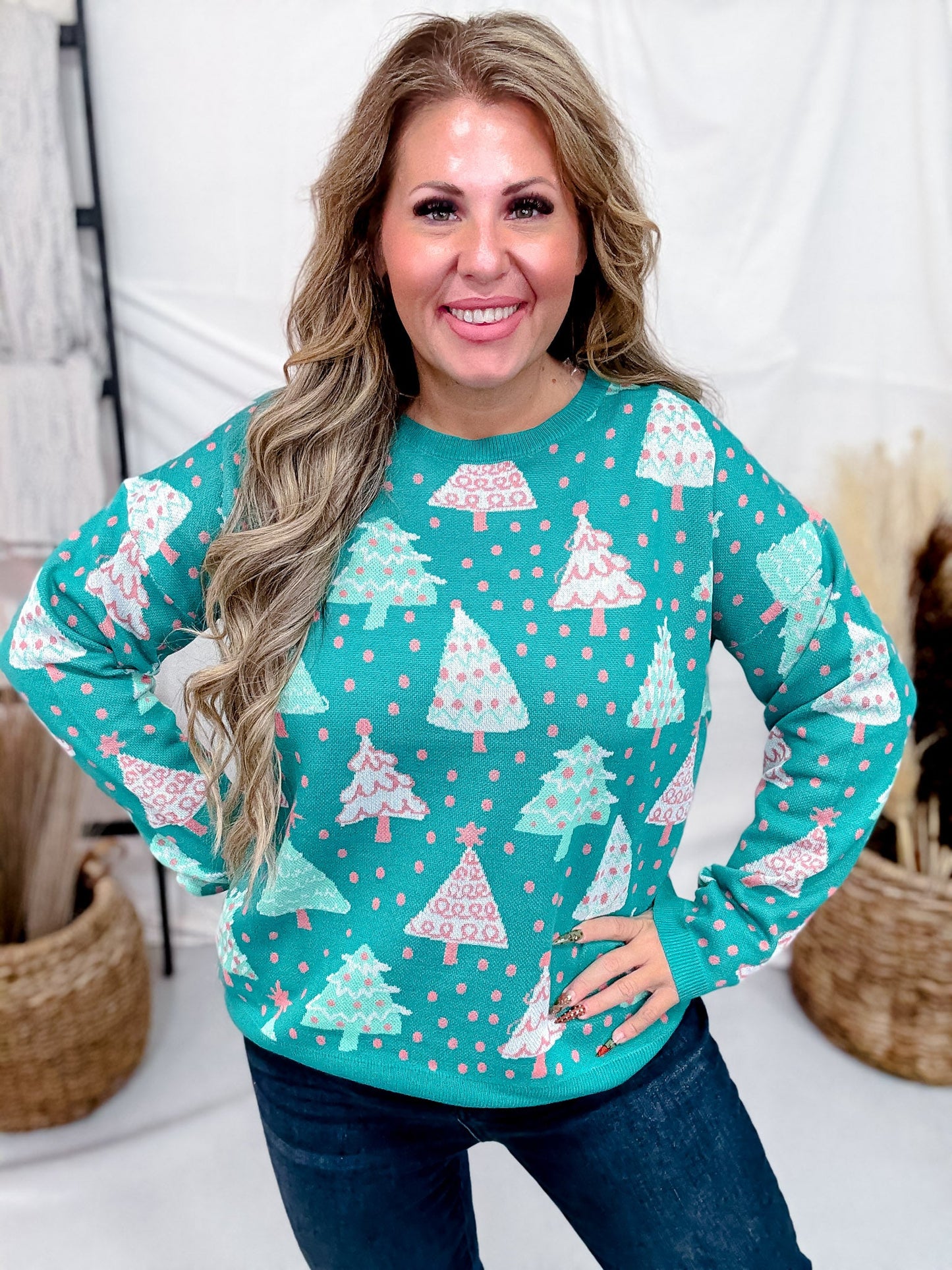 Crew Neck Christmas Tree Print Sweater In Emerald Green - Whiskey Skies - DEAR SCARLETT