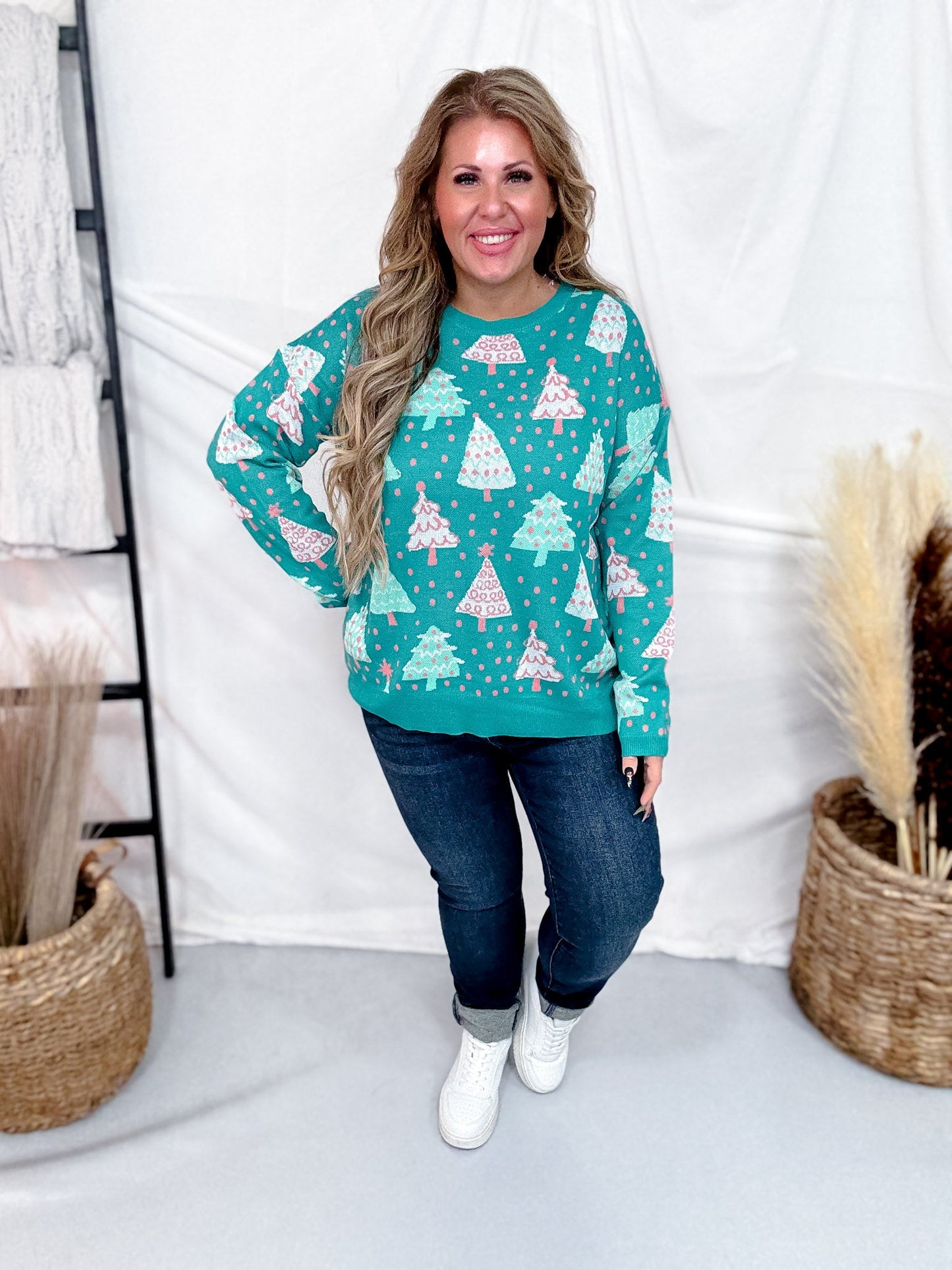 Crew Neck Christmas Tree Print Sweater In Emerald Green - Whiskey Skies - DEAR SCARLETT