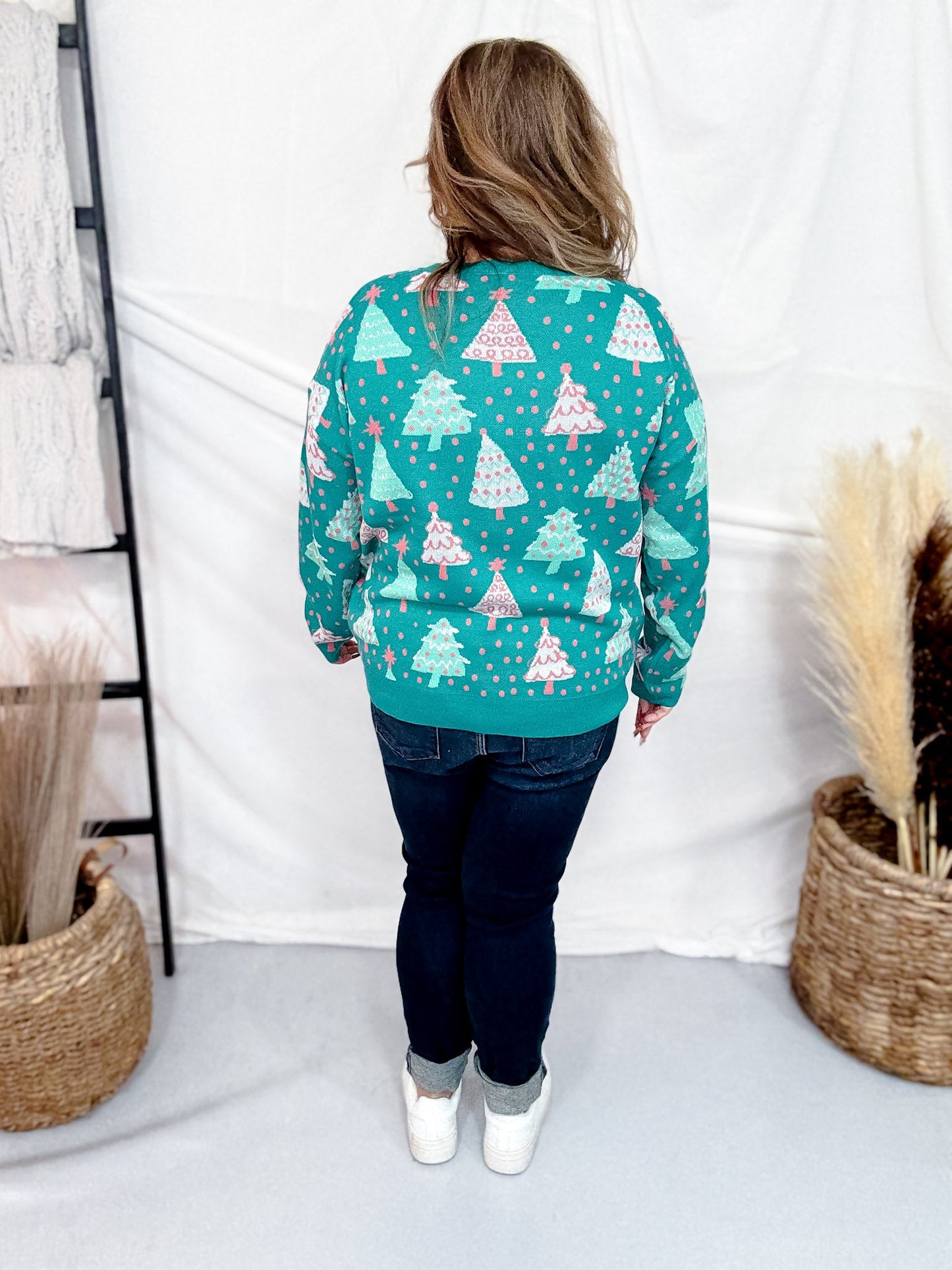 Crew Neck Christmas Tree Print Sweater In Emerald Green - Whiskey Skies - DEAR SCARLETT