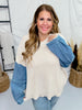 Crew Neck Ivory Sweater with Denim Sleeves - Whiskey Skies - ODDI