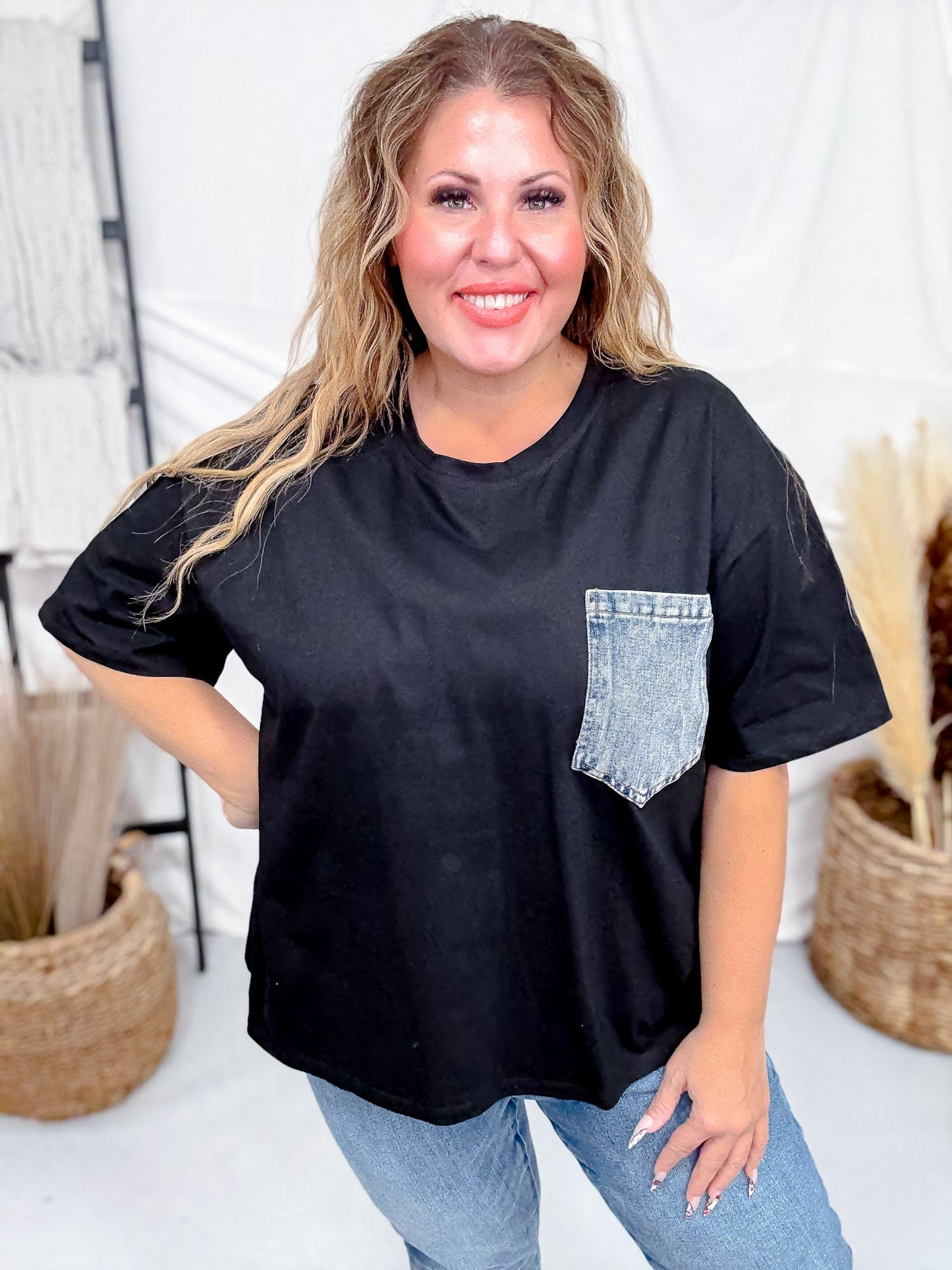 Crewneck Denim Pocket Black Tunic Top - Whiskey Skies - Whiskey Skies
