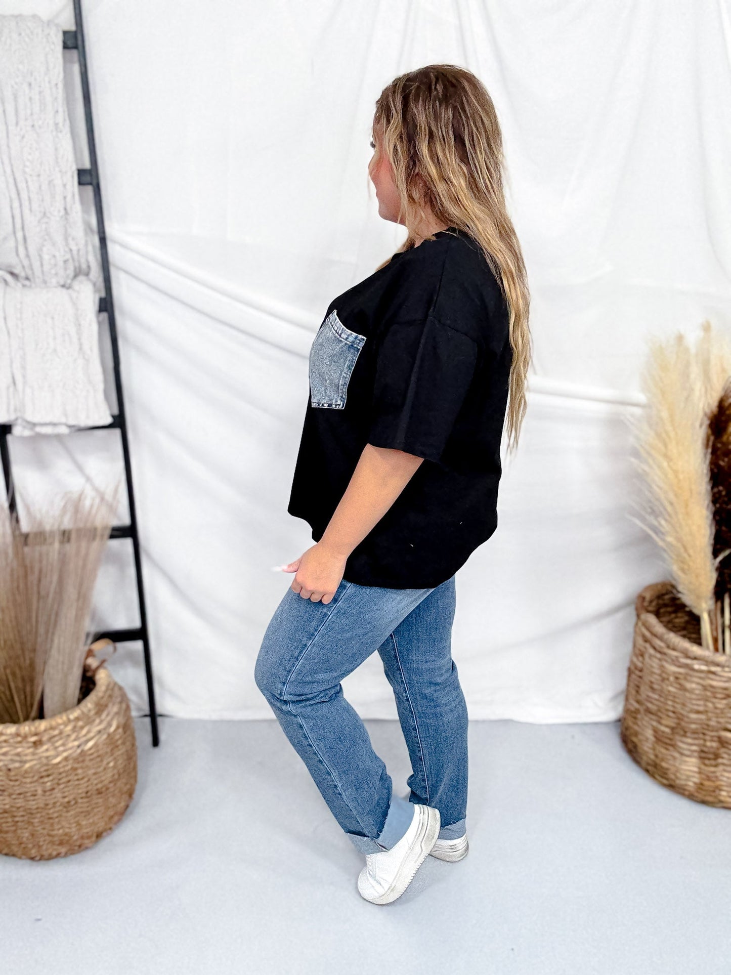 Crewneck Denim Pocket Black Tunic Top - Whiskey Skies - Whiskey Skies