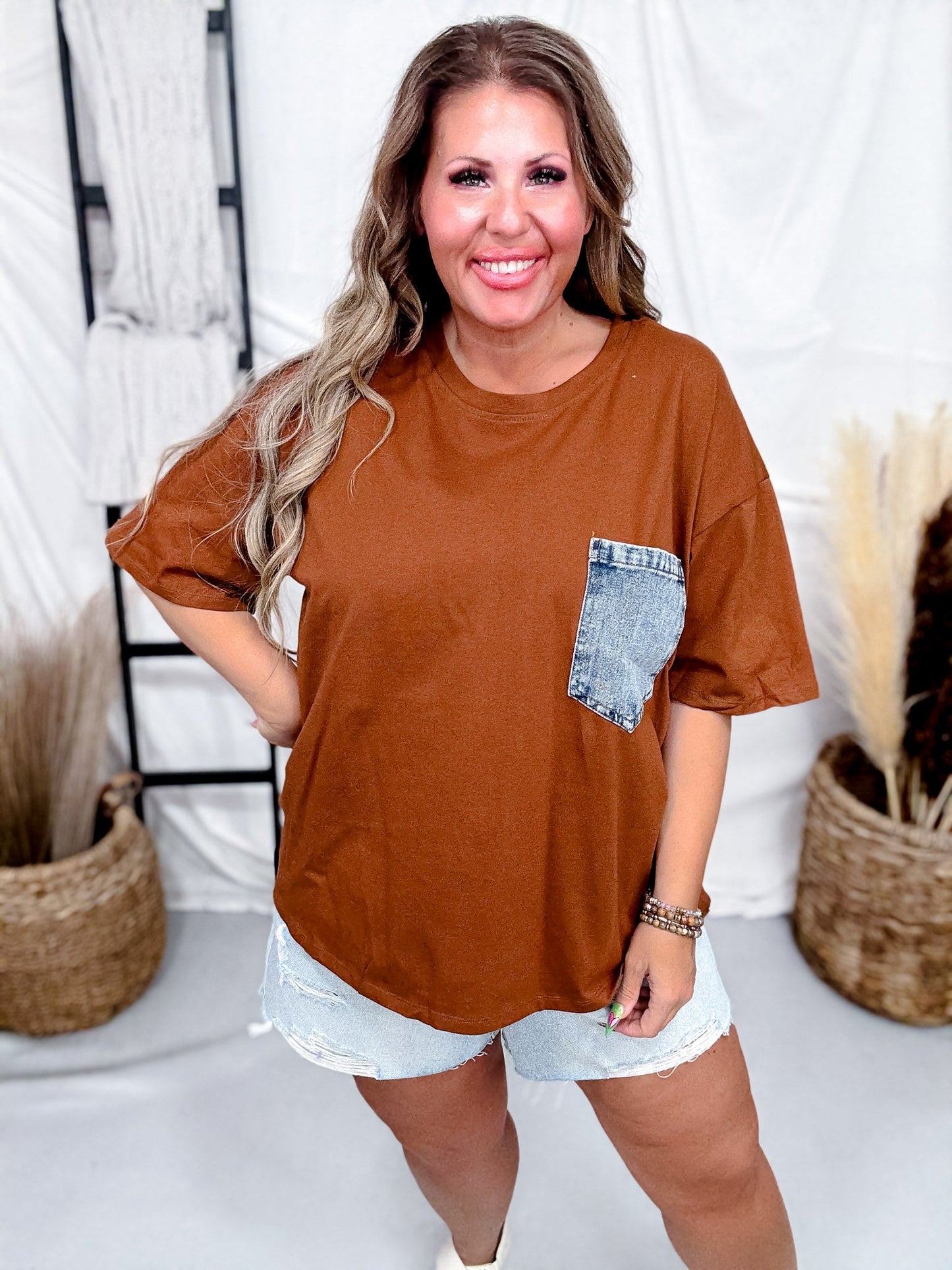 Crewneck Denim Pocket Brown Tunic Top - Whiskey Skies - SEW IN LOVE