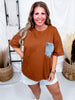 Crewneck Denim Pocket Brown Tunic Top - Whiskey Skies - SEW IN LOVE