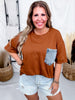 Crewneck Denim Pocket Brown Tunic Top - Whiskey Skies - SEW IN LOVE