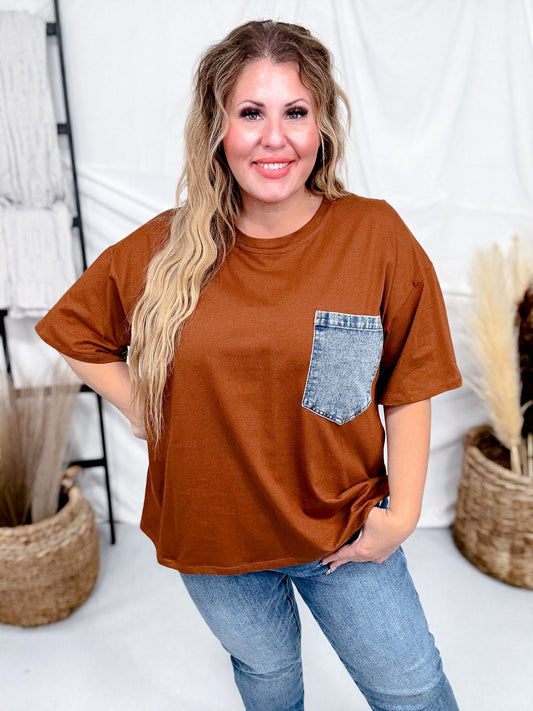 Crewneck Denim Pocket Brown Tunic Top - Whiskey Skies - SEW IN LOVE