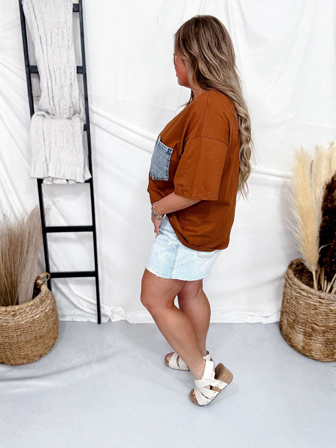 Crewneck Denim Pocket Brown Tunic Top - Whiskey Skies - SEW IN LOVE