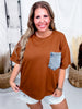 Crewneck Denim Pocket Brown Tunic Top - Whiskey Skies - SEW IN LOVE