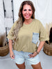 Crewneck Denim Pocket Olive Tunic Top - Whiskey Skies - SEW IN LOVE