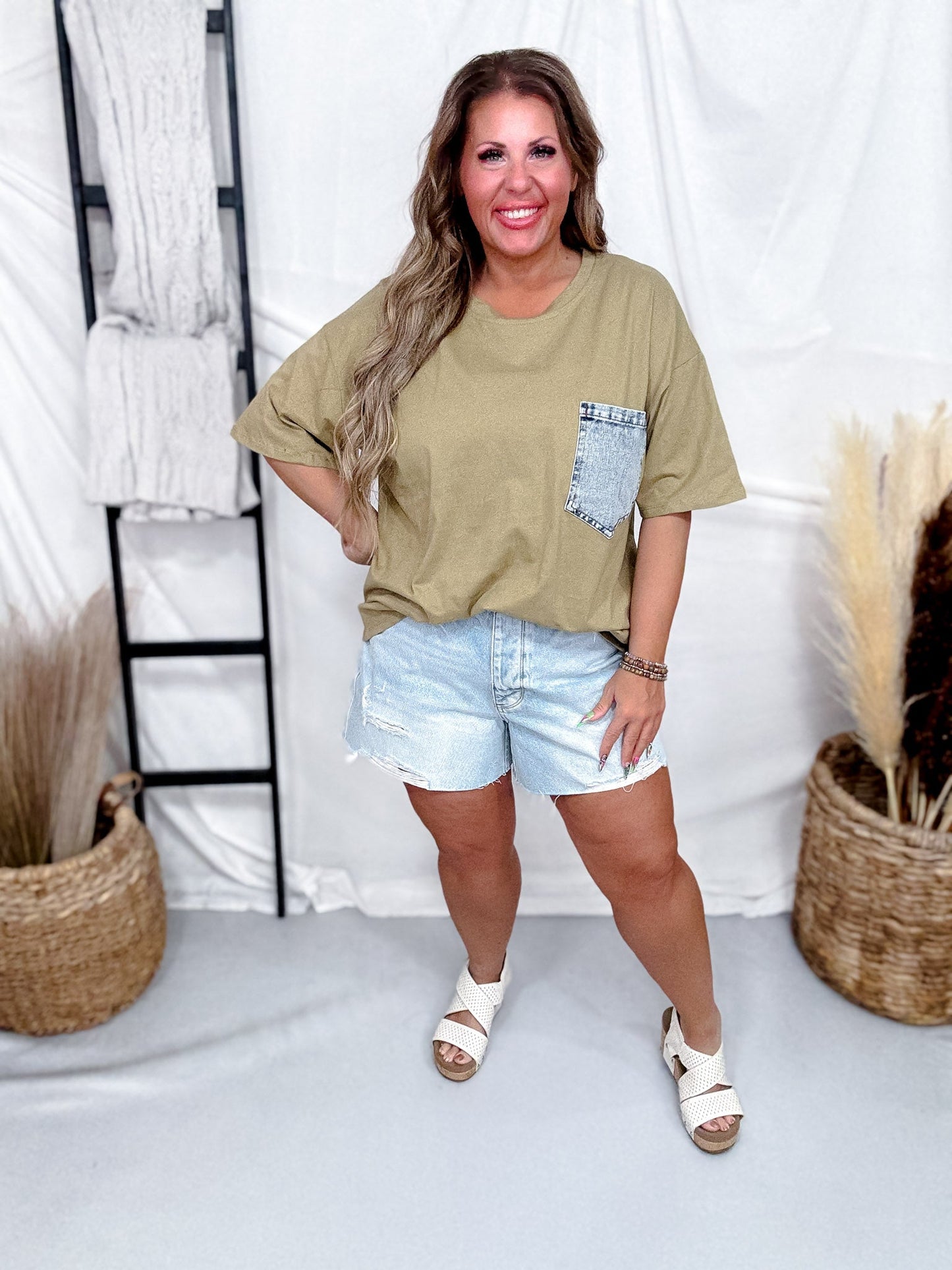 Crewneck Denim Pocket Olive Tunic Top - Whiskey Skies - SEW IN LOVE