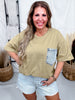 Crewneck Denim Pocket Olive Tunic Top - Whiskey Skies - SEW IN LOVE