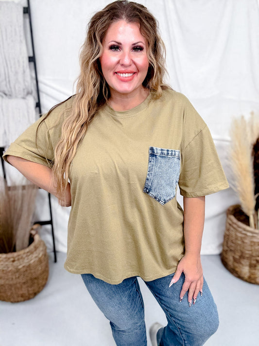 Crewneck Denim Pocket Olive Tunic Top - Whiskey Skies - SEW IN LOVE